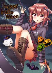  :o absurdres animal_print bat_(animal) bat_hair_ornament blunt_bangs blush boots candy cat_print cloud commentary_request convenient_leg cross cross-laced_footwear demon_horns female floating food gabriel_dropout ghost hair_ornament hair_ribbon hair_rings halloween happy_halloween hat highres hood hoodie horns inverted_cross jack-o&#039;-lantern jacket knees_together_feet_apart lollipop moon necktie night night_sky oooqqq pleated_skirt pumpkin red_eyes red_hair ribbon satanichia_kurumizawa_mcdowell scythe short_necktie silk skirt sky solo spider_web striped_clothes striped_jacket thighs witch_hat 