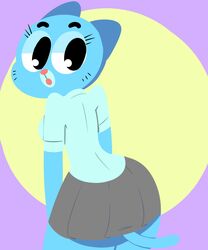  5:6 anthro ass blue_body blue_fur bottomwear breasts cartoon_network clothed clothing domestic_cat dress_shirt felid feline felis female flutteringpie fur hi_res looking_back mammal mature_anthro mature_female nicole_watterson open_mouth shirt skirt solo tail tail_under_skirt the_amazing_world_of_gumball topwear wide_hips 