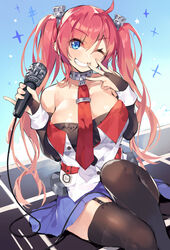  aemochi azur_lane bad_id bad_pixiv_id bare_shoulders blue_eyes breasts detached_sleeves female large_breasts looking_at_viewer microphone necktie one_eye_closed pink_hair san_diego_(azur_lane) skirt thighhighs twintails zettai_ryouiki 