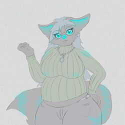  1:1 2015 anthro belt big_breasts bioluminescence bludragoon blue_eyes blue_hair bottomwear breasts canid canine chains clothed clothing denim denim_bottomwear denim_clothing eyewear female fennec_fox fluffy fluffy_tail fox fur glasses glowing glowing_nipples hair jeans jewelry long_hair looking_at_viewer mammal markings necklace nipples overweight overweight_anthro overweight_female pants solo sweater tail thick_thighs topwear true_fox turtleneck wide_hips ysuffie 