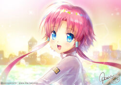  :d aria_(manga) aria_company_uniform aria_pokoteng artist_name bad_id bad_pixiv_id blouse blue_eyes blurry bokeh depth_of_field emblem eyebrows female from_side hair_tubes jacket long_hair looking_at_viewer mizunashi_akari open_mouth pecorin photoshop_(medium) pink_hair sailor_collar shirt short_hair_with_long_locks short_sleeves sidelocks signature sky smile solo sparkle teeth twitter_username uniform upper_body white_shirt 