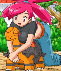  asuna asuna_(pokemon) breasts female gym_leader lowres pokemoa pokemon ponytail red_eyes red_hair torkoal 