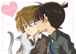  ahoge blonde_hair blue_eyes blush brown_hair detective_konan edogawa_conan edogawa_konan feline goro haibara_ai heart jacket kissing megane meitantei_conan neko short_hair 