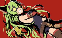  +_+ animal_ears ass belt cat_ears cat_tail commentary_request crossed_arms crown dutch_angle female green_hair grin high_contrast long_hair mask morgana_(persona_5) object9991 parody persona persona_5 red_background saval_(sennen_sensou_aigis) sennen_sensou_aigis shadow simple_background smile solo style_parody tail 