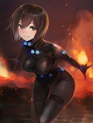  black_hair bodysuit breasts brown_eyes commentary_request female gantz gantz_suit highres large_breasts leaning_forward parted_lips short_hair smile solo taishi_(picchiridou) yamasaki_anzu 