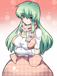  alternate_hair_length alternate_hairstyle ascot breast_lift breasts commentary_request crossed_arms female futaba_suetsuki green_hair kazami_yuuka large_breasts long_hair looking_at_viewer open_clothes open_vest red_eyes scarf shirt skirt skirt_set smile solo touhou vest 