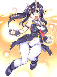  between_breasts black_hair blue_eyes bodysuit boots breasts clenched_hand coat commentary_request covered_navel female highres horns large_breasts long_hair necktie open_mouth original ponytail shouting sleeveless solo tailcoat tomoshibi_hidekazu 