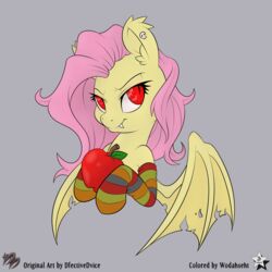  1:1 2016 absurd_res apple bat_pony bust_portrait clothing cute_fangs dfectivedvice ear_piercing english_text equid fangs female feral flutterbat_(mlp) fluttershy_(mlp) food footwear friendship_is_magic fruit fur hair hasbro hi_res holding_object inner_ear_fluff legwear long_hair looking_at_viewer mammal membrane_(anatomy) membranous_wings my_little_pony pattern_clothing pattern_legwear piercing pink_hair plant portrait pupils red_eyes slit_pupils socks solo striped_clothing striped_legwear stripes teeth text tuft wings wodahseht yellow_body yellow_fur 