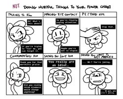  black_and_white blush bodily_fluids chart cutecatdoodles cutemon_(artist) digital_drawing_(artwork) digital_media_(artwork) duo elemental_creature english_text flora_fauna flowey_the_flower hi_res insult looking_at_viewer male meme monochrome not_furry plant solo_focus sweat text undertale undertale_(series) waifu_chart 