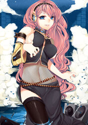  blue_eyes breasts commentary covered_navel detached_sleeves english_commentary female highres large_breasts long_hair loyproject megurine_luka midriff pink_hair sideboob smile solo speaker stomach thighhighs vocaloid water 