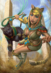  animal_ears artist_name bandage bastet_(smite) blue_eyes breasts cat_ears cat_tail cleavage cloud dated day fangs feline female gem highres hood mirco_cabbia nail_polish sand sky smite solo sword tail teeth weapon whip 