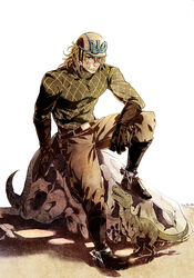  1boy bandage_on_face bandages blonde_hair boots commentary_request diego_brando dinosaur gloves green_shirt hat jojo_no_kimyou_na_bouken male_focus photoshop_(medium) sb_(hiratsei) scary_monsters_(stand) shirt skull solo stand_(jojo) steel_ball_run sweater tail turtleneck 