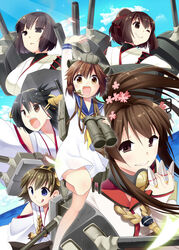  6+girls :d :q ;) bare_shoulders binoculars blue_eyes brown_eyes brown_hair cannon commentary_request dress grin hairband haruna_(kancolle) hiei_(kancolle) horns hyuuga_(kancolle) ise_(kancolle) kantai_collection long_hair machinery multiple_girls neckerchief nontraditional_miko one_eye_closed open_mouth parted_lips ponytail short_hair smile speaking_tube_headset suzune_kotora tongue tongue_out triangle_mouth v-shaped_eyebrows white_dress yamato_(kancolle) yukikaze_(kancolle) 