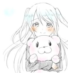  akuma_no_riddle blush dress hug kirigaya_hitsugi long_hair silver_hair smile stuffed_animal stuffed_toy teddy_bear turtleneck twintails 