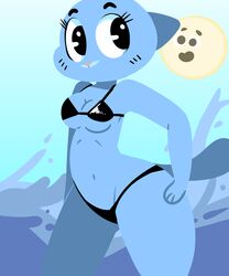  5:6 anthro bikini blue_body blue_fur breasts cartoon_network cleavage clothed clothing domestic_cat felid feline felis female flutteringpie fur hand_on_hip hi_res looking_away mammal mature_anthro mature_female navel nicole_watterson sea solo swimwear the_amazing_world_of_gumball water wide_hips 