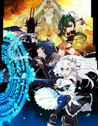  2boys 2girls absurdres akari_acura anime_screenshot blue_eyes blue_hair boots chaika_trabant dragon frederika_(hitsugi_no_chaika) green_hair gun hammer highres hitsugi_no_chaika knife long_hair magic_circle multiple_boys multiple_girls official_art purple_eyes rifle stitched thigh_boots thighhighs tooru_acura weapon white_hair 