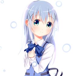  aqua_eyes blue_bow blue_bowtie blue_hair blue_vest blush bow bowtie buttons closed_mouth collared_shirt commentary_request deka_tomato female flat_chest gochuumon_wa_usagi_desu_ka? hair_ornament hairclip hands_on_own_chest kafuu_chino light_blue_hair long_hair long_sleeves looking_at_viewer own_hands_together rabbit_house_uniform shirt sidelocks smile solo upper_body vest white_background white_shirt wing_collar x_hair_ornament 