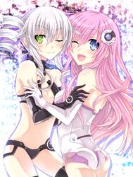  2girls :d ass bad_id bad_pixiv_id bare_shoulders black_sister blue_eyes blush breasts choujigen_game_neptune_mk2 cleavage drill_hair elbow_gloves flat_chest gloves green_eyes groin hair_ornament hinano leotard long_hair looking_at_viewer medium_breasts multicolored_background multiple_girls navel nepgear neptune_(series) one_eye_closed open_mouth purple_hair purple_sister sidelocks smile star_(symbol) symbol-shaped_pupils thighhighs twin_drills white_hair yuri 