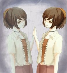  blush brown_hair commentary_request dual_persona fatal_frame fatal_frame_3 female hair_ornament hinasaki_miku long_hair lowres symmetry torasiba 