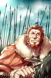  1boy armor bad_id bad_pixiv_id beard boushiya_goyachanpuru bucephalus_(fate) cape facial_hair fate/zero fate_(series) horse iskandar_(fate) male_focus polearm red_eyes red_hair sky solo spear weapon 