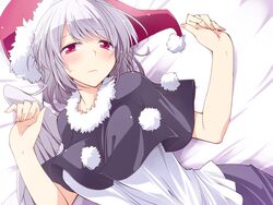  blush breasts capelet closed_mouth commentary_request cosplay doremy_sweet doremy_sweet_(cosplay) dutch_angle feathered_wings female fur_trim grey_hair grey_wings hat hemogurobin_a1c kishin_sagume looking_at_viewer lying medium_breasts nightcap on_back pom_pom_(clothes) red_eyes shirt short_hair single_wing solo sweat touhou upper_body white_shirt wings 