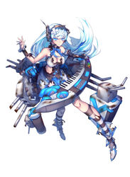  bandages bandaid bare_shoulders blue_eyes blue_hair breasts chinese_commentary cleavage commentary_request detached_collar detached_sleeves female full_body guam_(warship_girls_r) gun headset instrument keyboard_(instrument) large_breasts long_hair ns_(ntrsis) official_art rigging simple_background socks solo striped_clothes striped_socks torn_clothes warship_girls_r weapon white_background 