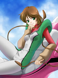  bodysuit brown_hair choujikuu_seiki_orguss female green_eyes looking_at_viewer mecha mimsy_raas rudo_rudo sitting sky smile solo 