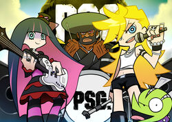  1boy 2girls afro blonde_hair chuck_(psg) commentary_request drum drum_set electric_guitar garterbelt_(psg) guitar highres instrument jewelry microphone microphone_stand multicolored_hair multiple_girls otosama panty_&amp;_stocking_with_garterbelt panty_(psg) photoshop_(medium) siblings sisters stocking_(psg) thighhighs two-tone_hair 