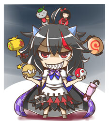  ahoge arrow_(symbol) black_hair bomb bow camera cape checkered chibi commentary_request cone_horns doll dress evil_grin evil_smile explosive feiton female grey_horns grin horns impossible_spell_card japanese_clothes jizou kijin_seija kimono lantern mallet multicolored_hair nimble_fabric parasol red_eyes red_hair sharp_teeth short_hair short_sleeves small_horns smile solo streaked_hair teeth touhou umbrella white_hair yin_yang 