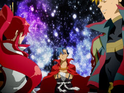  2boys belt blonde_hair blue_hair cape crossed_arms female good_end jacket kamina kittan multiple_boys ponytail red_hair star tattoo tengen_toppa_gurren-lagann tengen_toppa_gurren_lagann uh-oh yoko_littner yoko_littner 