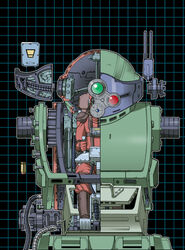  1980s_(style) 1boy armor armored_trooper boots cable commentary_request cross_section diagram helmet highres mask mecha pilot pilot_suit retro_artstyle robot s.shimizu science_fiction scopedog soukou_kihei_votoms 