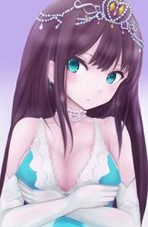  aqua_dress aqua_eyes bad_id bad_pixiv_id brown_hair choker dress earrings elbow_gloves female gloves grabbing gradient_background highres idolmaster idolmaster_cinderella_girls jewelry long_hair shibuya_rin solo tiara upper_body yummy_yoi 