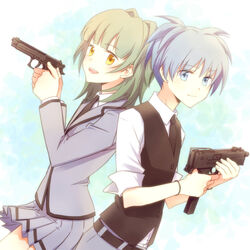  1boy aihara_kaya ansatsu_kyoushitsu back-to-back bad_id bad_pixiv_id beretta_92 blue_eyes blue_hair female gun handgun kayano_kaede kunugigaoka_middle_school_uniform mac-10/11 school_uniform shiota_nagisa short_twintails submachine_gun trigger_discipline twintails vest weapon yellow_eyes 