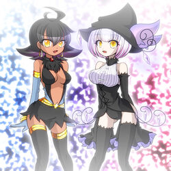  2girls artist_request black_hair breasts chandelure cleavage dark_skin detached_sleeves gijinka gloves gothic_lolita hat large_breasts lolita_fashion luxio moemon multiple_girls navel no_pants oerba_yun_fang open_mouth personification pokemon pokemon_(game) pokemon_black_and_white pokemon_bw purple_hair shanderaa shiratsuki short_hair skirt sleeves_past_wrist sleeves_past_wrists thighhighs yellow_eyes 