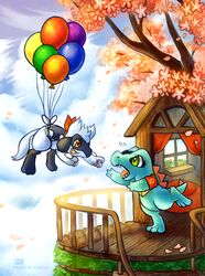  ambiguous_gender anthro attached_to_balloon balloon balloon_support blue_body blue_fur blue_skin canid canine cloud digital_media_(artwork) duo fan_character feral flying fur generation_2_pokemon generation_4_pokemon green_eyes hanging_from_balloon haychel hi_res inflatable inflatable_support leon_(haychel) mammal nintendo orange_eyes outside plant pokemon pokemon_(species) pokemon_mystery_dungeon riolu sky spike_chunsoft totodile tree vagus_(haychel) 