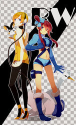  2girls bad_id bad_pixiv_id blonde_hair blue_eyes blue_footwear boots crop_top elbow_gloves elesa_(pokemon) emolga gloves hair_ornament headphones ioko midriff multiple_girls navel pantyhose poke_ball poke_ball_(basic) pokemon pokemon_(creature) pokemon_bw red_hair short_shorts shorts skyla_(pokemon) swanna 