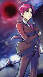  arms_behind_head avenger bazett_fraga_mcremitz blurry bokeh breasts cowboy_shot crossed_arms depth_of_field dress_shirt dutch_angle earrings fate/hollow_ataraxia fate/stay_night fate_(series) female formal from_behind from_below highres holding_arm jewelry looking_away medium_breasts mole mole_under_eye necktie pant_suit purple_eyes purple_hair purple_neckwear red_headband shimo_(s_kaminaka) shirt shirtless short_hair sky star_(sky) starry_sky suit waist_cape white_shirt wind wind_lift wistful 