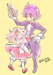  1boy apron aroma_(go!_princess_precure) aroma_(go!_princess_precure)_(human) bloomers blush book bow bowtie brother_and_sister butler closed_eyes commentary_request female formal full_body go!_princess_precure happy height_difference hug long_hair pantyhose personification pink_footwear pink_hair pink_skirt precure puff_(go!_princess_precure) puff_(go!_princess_precure)_(human) purple_eyes purple_footwear purple_hair red_bow shinoasa shoes siblings skirt suit surprised traditional_bowtie twintails twitter_username underwear white_bloomers white_legwear yellow_background 