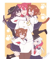  5girls :3 :d ^_^ admiral_minami_kazusa akatsuki_(kancolle) anchor_symbol animal_ears aqua_hair black_hair black_pantyhose black_socks blush cat_ears cat_tail cheek-to-cheek cheek_press closed_eyes commentary_request female_admiral_(kancolle) folded_ponytail hat heads_together hibiki_(kancolle) hug ikazuchi_(kancolle) inazuma_(kancolle) kantai_collection kemonomimi_mode kneehighs long_hair military military_uniform multiple_girls nagomi_(mokatitk) neckerchief oerba_yun_fang open_mouth pantyhose pleated_skirt red_hair red_neckerchief sailor_collar school_uniform serafuku short_hair skirt smile socks tail uniform 