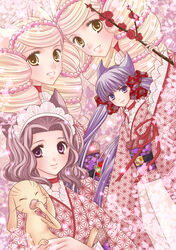  4girls animal_ears asa_no_ha_(pattern) bad_id bad_pixiv_id beads black_hair blonde_hair bonbori bow branch closed_eyes drill_hair fangs floral_print flower fox_ears hair_ornament hair_ribbon hairbow highres hoozuki_(otome_youkai_zakuro) japanese_clothes kikumon kimono light_particles long_hair maid_headdress mamezou_(otome_youkai_zakuro) multiple_girls murasaki_gohan open_mouth otome_youkai_zakuro purple_eyes purple_hair ribbon short_hair siblings sisters smile susukihotaru twins twintails yawning yellow_eyes zakuro_(otome_youkai_zakuro) 