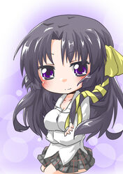  black_hair chibi commentary_request dress_shirt female hair_ribbon kurugaya_yuiko little_busters! long_hair plaid plaid_skirt purple_eyes ribbon school_uniform shirt skirt solo soutsuki_naru 