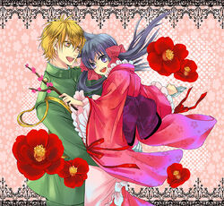  1boy agemaki_kei animal_ears black_hair blonde_hair bow branch camellia commentary_request couple female flower fox_ears gloves hair_ribbon hairbow japanese_clothes kimono long_hair military military_uniform mori_(iris) open_mouth otome_youkai_zakuro painttool_sai_(medium) pink_bow purple_eyes ribbon smile straight twintails uniform yellow_eyes zakuro_(otome_youkai_zakuro) 