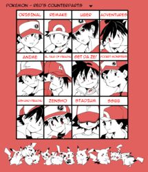  akai_isamu_(pokemon) baseball_cap black_eyes black_hair chart comparison dengeki!_pikachu diagram everyone happy hat headset highres lolicon monochrome multiple_boys multiple_persona nintendo open_mouth pikachu pocket_monsters_(manga) pokemon pokemon_(anime) pokemon_(game) pokemon_firered_and_leafgreen pokemon_get_da_ze! pokemon_gold_and_silver pokemon_gsc pokemon_heartgold_and_soulsilver pokemon_hgss pokemon_red_and_green pokemon_rgby pokemon_special pokemon_stadium pokemon_trainer pokemon_zensho red red_(pokemon) red_eyes satoshi_(pokemon) satoshi_(zensho) short_hair shuu_(get_da_ze!) simple_background smile super_smash_bros. super_smash_bros._brawl tmsp95 