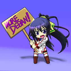  black_hair boots chibi commentary_request crossover female holding holding_sign infinite_stratos long_hair more_deban oerba_yun_fang open_mouth parody placard ponytail purple_eyes shinonono_houki sign solo sword_art_online tales_(tales_of_phirmament) 