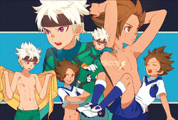  2boys brown_hair closed_eyes commentary_request copyright_name earth_eleven gloves goalkeeper headband hs2 ibuki_munemasa inazuma_eleven_(series) inazuma_eleven_go inazuma_eleven_go_galaxy lightning_bolt_symbol male_focus matatagi_hayato multiple_boys navel open_mouth purple_eyes revision sitting soccer_uniform sportswear standing topless_male undressing white_hair 