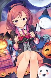  3: bad_id bad_pixiv_id bat_(animal) bracelet center_opening commentary_request couch demon_horns demon_tail demon_wings detached_collar fake_horns female food ghost hairband half-closed_eyes halloween handkerchief hat highres horns jack-o&#039;-lantern jacket jewelry kalian legs_together looking_down love_live! love_live!_school_idol_project macaron medium_hair moon nail_polish necktie nishikino_maki pink_nails pink_necktie polka_dot polka_dot_object purple_eyes red_hair sitting skirt solo stuffed_animal stuffed_cat stuffed_rabbit stuffed_toy tail wavy_mouth wings witch_hat wristband 