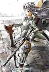  animal_ears black_hair brown_eyes commentary_request dog_ears dog_girl dog_tail dual_wielding female gertrud_barkhorn gun highres holding long_hair machine_gun mg42 military military_uniform munmun smile solo strike_witches striker_unit tail uniform weapon world_witches_series 