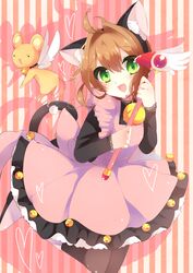  absurdres animal_ears bad_id bad_pixiv_id bell blush bow brown_hair cardcaptor_sakura cat_ears cat_tail commentary_request female fuuin_no_tsue green_eyes highres kaenuco kero_(cardcaptor_sakura) kinomoto_sakura kinomoto_sakura_(pink_kitty_costume) open_mouth pink_background short_hair smile solid_circle_eyes striped striped_background tail vertical_stripes wand wings 