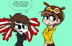  2017 4_fingers acidneko amphibian avoid_posting axolotl bodily_fluids brown_hair clothing duo external_gills fingers gills green_background green_eyes hair hat headgear headwear human larger_male male mammal marine mole_salamander otherkin salamander simple_background size_difference smaller_male sweat tidbit 