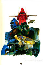  1980s_(style) 1982 2boys absurdres acrylic_paint_(medium) aircraft antennae armor assault_visor bandana blue_hair boots burume cannon city cockpit dome female flying goggles gun handgun head headgear highres hobuggy iron_gear jiron_amos landship logo looking_at_viewer lying machine_gun mecha mouse_(animal) multiple_boys official_art painting_(medium) ponytail production_art promotional_art rag_uralo realistic retro_artstyle revolver robot scan scarf science_fiction sentou_mecha_xabungle simple_background takani_yoshiyuki traditional_media translation_request turret unconventional_vehicle walker_gallia weapon webley_revolver window xabungle_(mecha) 